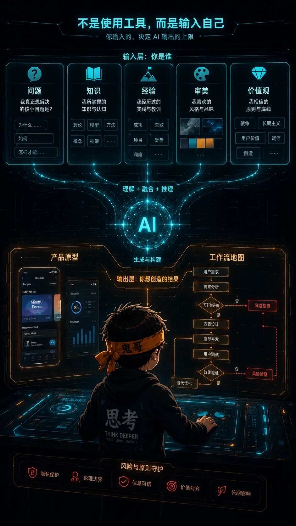 年轻人站在 AI 控制台前，将问题、经验和审美输入系统