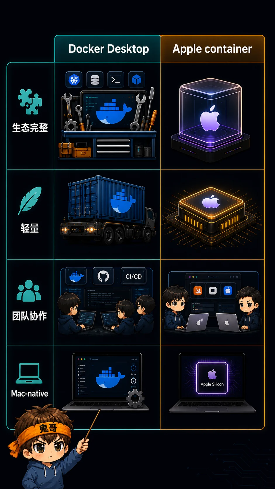Docker Desktop 与 Apple container 的选择矩阵