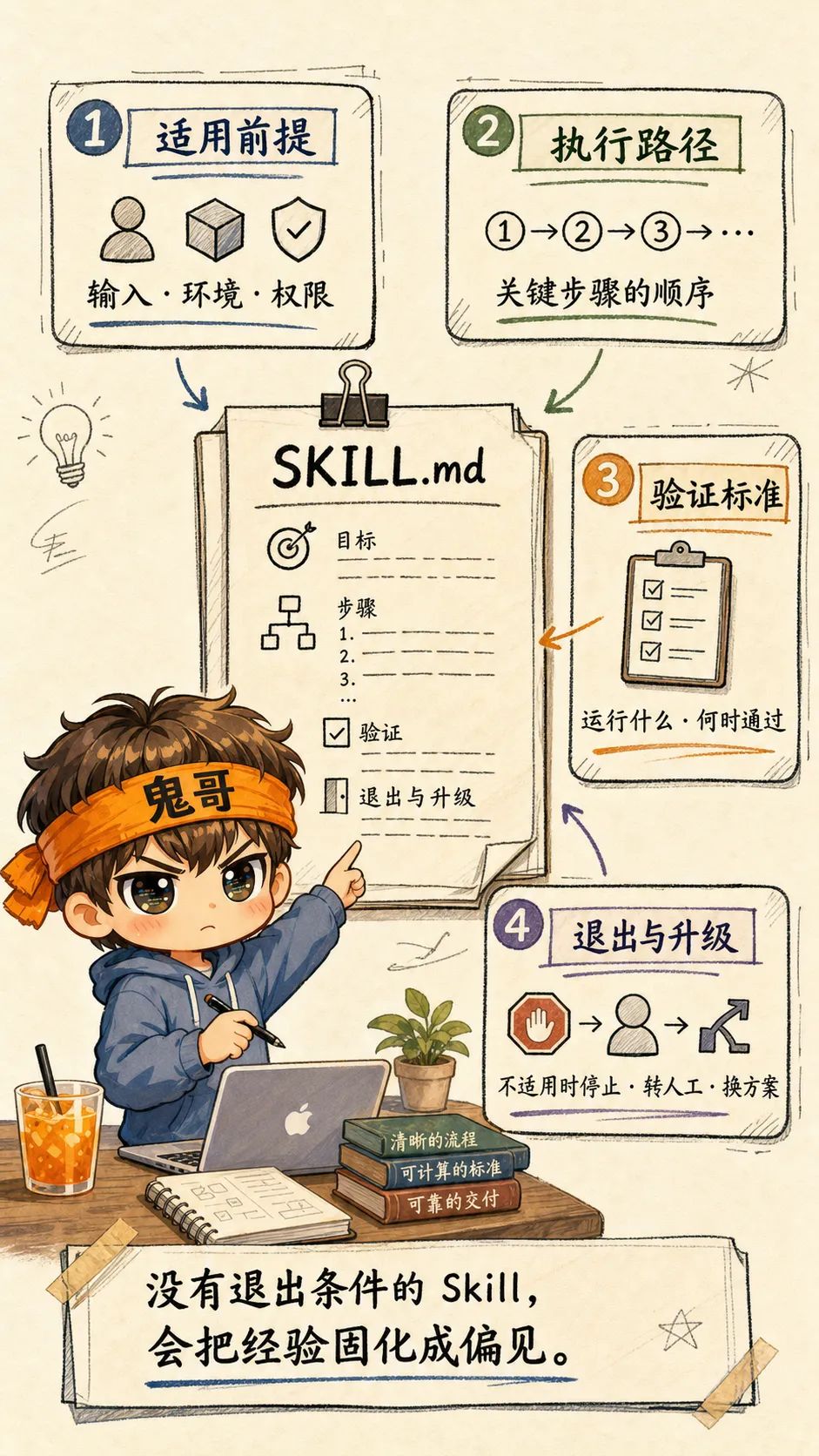 一份好的 Skill 像程序合同：适用前提、执行路径、验证标准、退出与升级四个模块