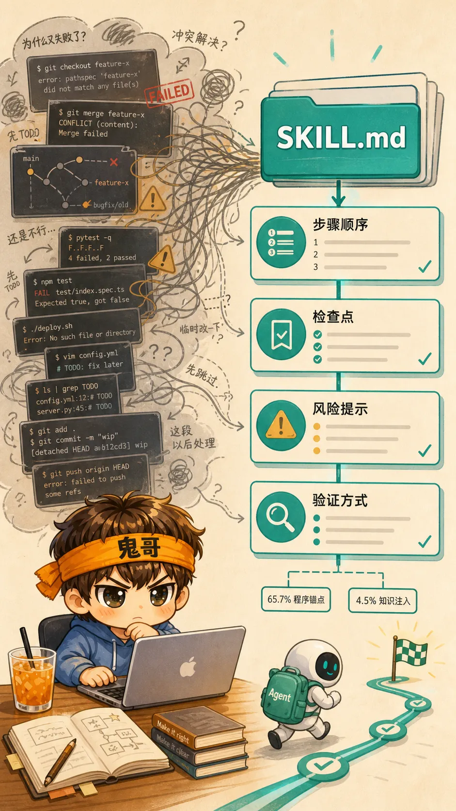 同一批混乱的执行轨迹被蒸馏为简洁的步骤、检查点和风险提示，对比原始 Workflow Memory