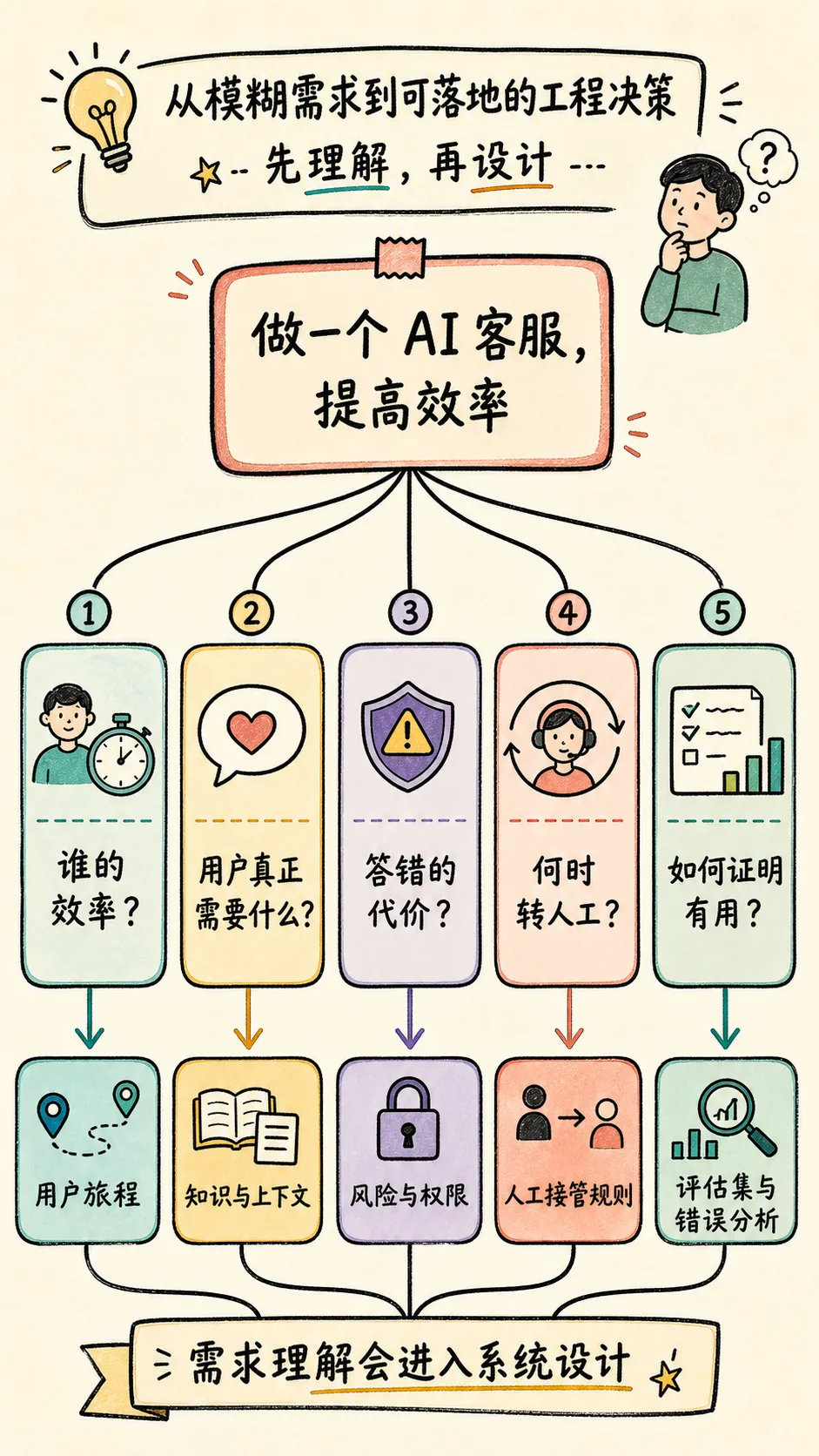 AI 客服需求从一句模糊目标分叉成用户意图、风险等级、人工接管、知识来源和评估标准的决策图