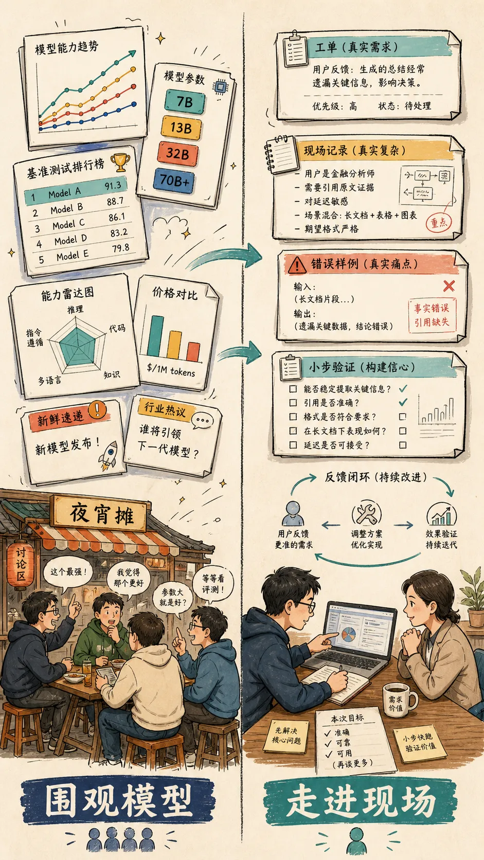 左边是围观模型跑分和工具榜单的人群，右边是开发者在用户现场观察真实问题的对照画面