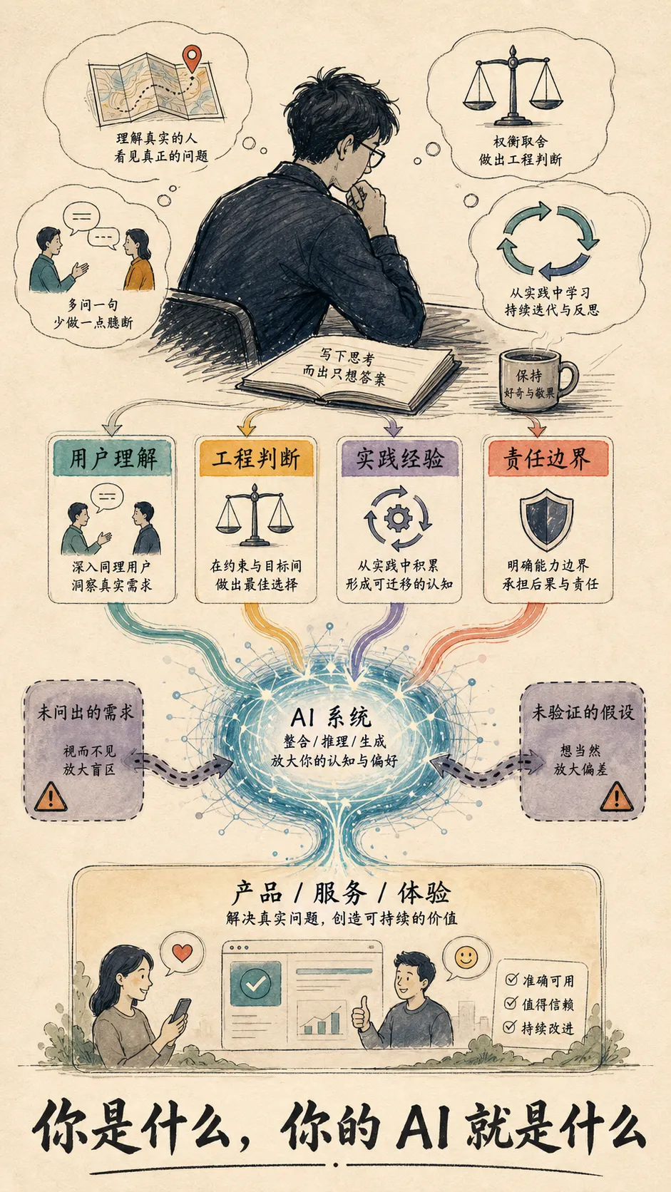 一个人的经验、用户洞察、工程知识和责任意识汇入 AI 系统，输出为最终产品体验的概念图